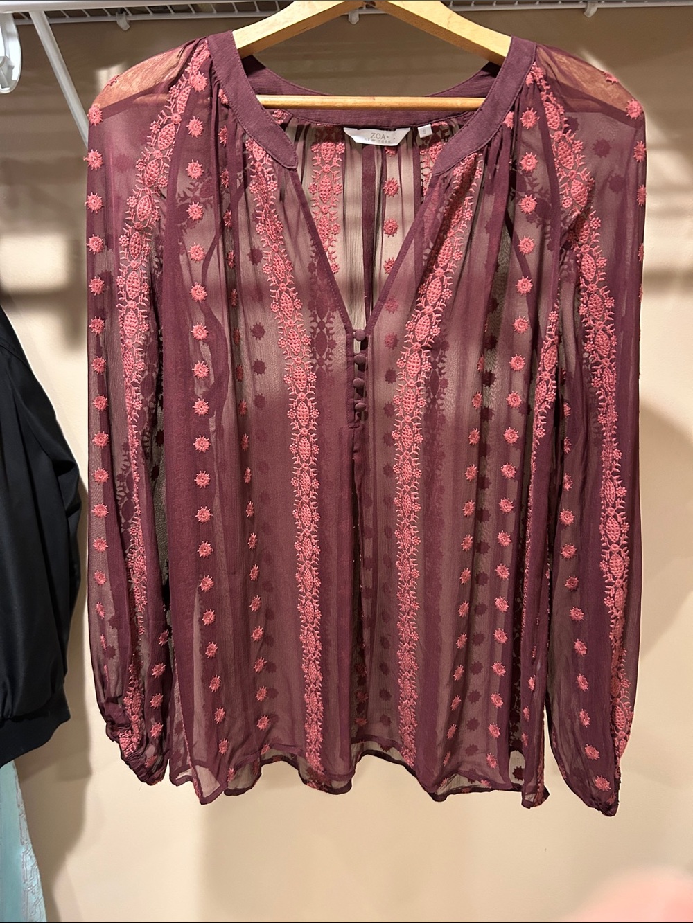 Anthropologie Zoa New York Embroidered Sheer V-Neck Blouse in burgundy